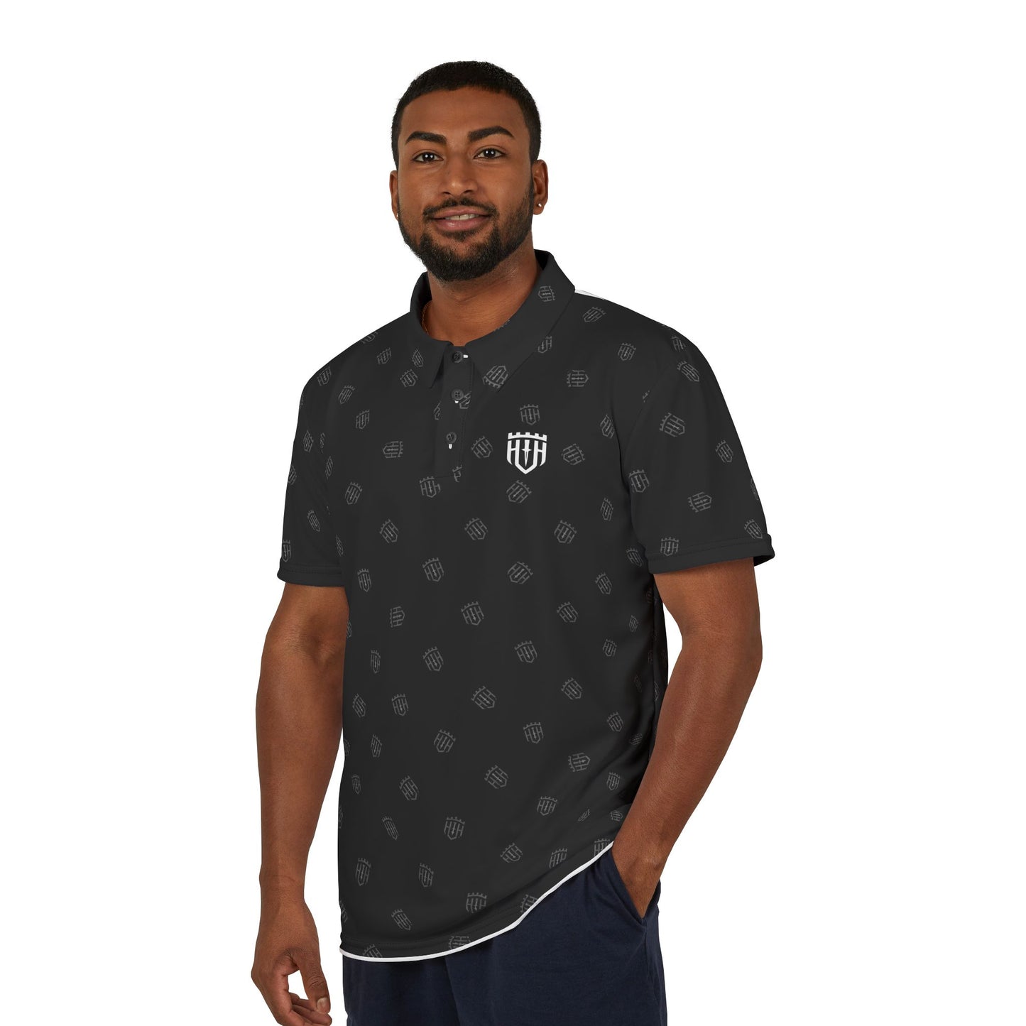 The Guardian Polo | Black with White Monogram Shield All-Over Print