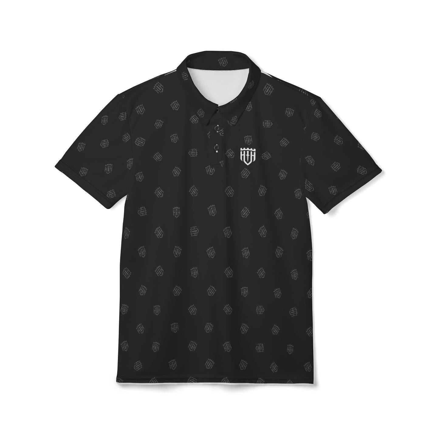 The Guardian Polo | Black with White Monogram Shield All-Over Print