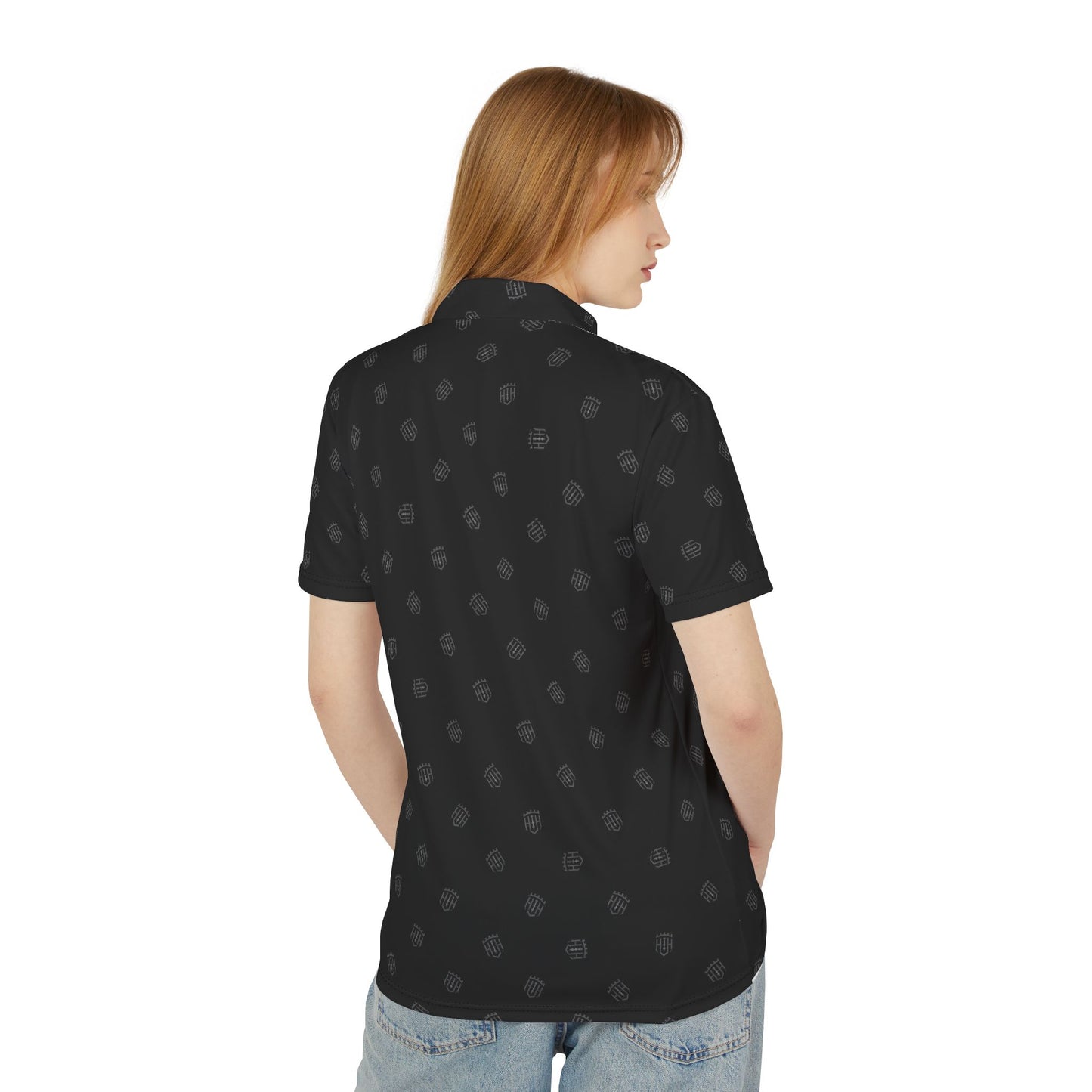 The Guardian Polo | Black with White Monogram Shield All-Over Print