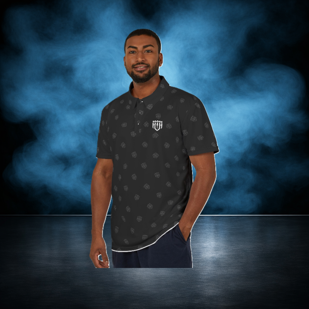 The Guardian Polo | Black with White Monogram Shield All-Over Print
